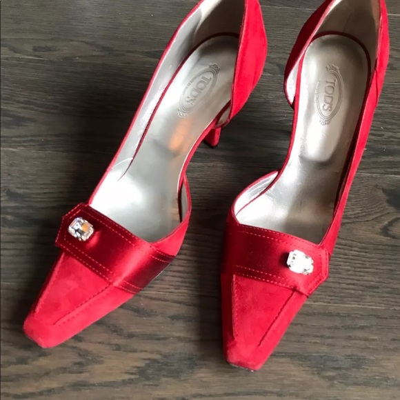 Tod's Shoes - NEW TOD'S Swarovski women red suede  shoes heels pumps size 10